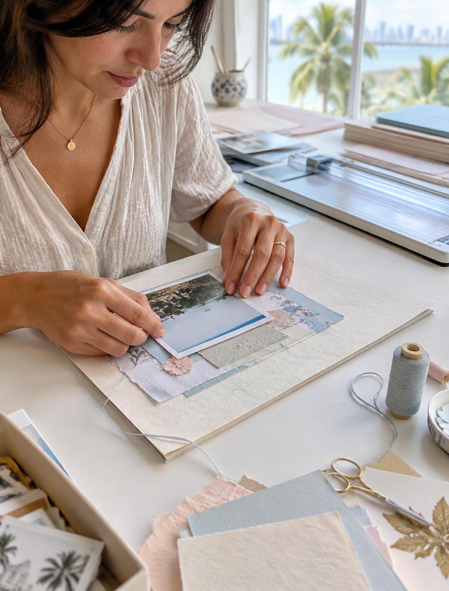 Artisan assembling a scrapbook page by hand